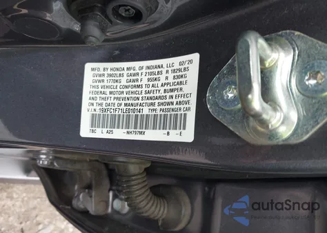 2020 Honda Civic Ex-L из США, поврежденный, VIN 19XFC1F71LE010141